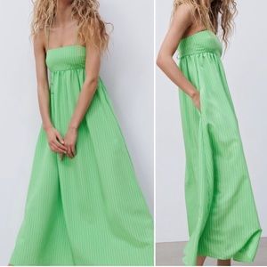 ZARA NWOT green pinstripe maxi dress. Strappy lace up back ,